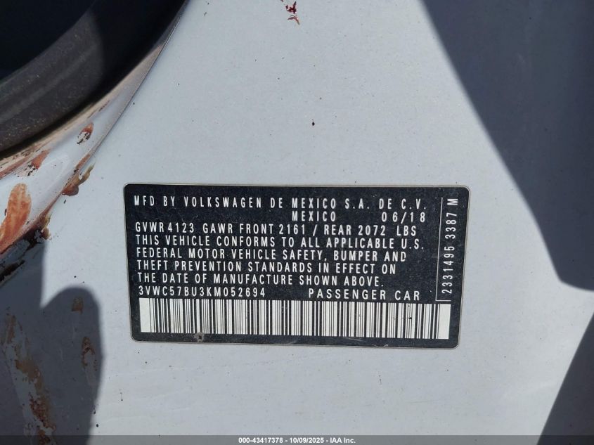 2019 Volkswagen Jetta 1.4T R-Line/1.4T S/1.4T Se VIN: 3VWC57BU3KM052694 Lot: 43417378