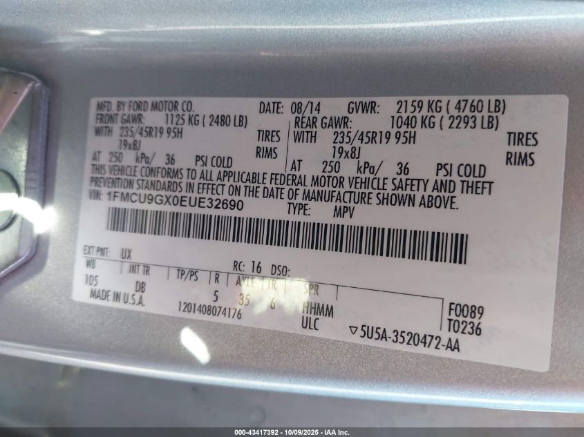 2014 Ford Escape Se VIN: 1FMCU9GX0EUE32690 Lot: 43417392