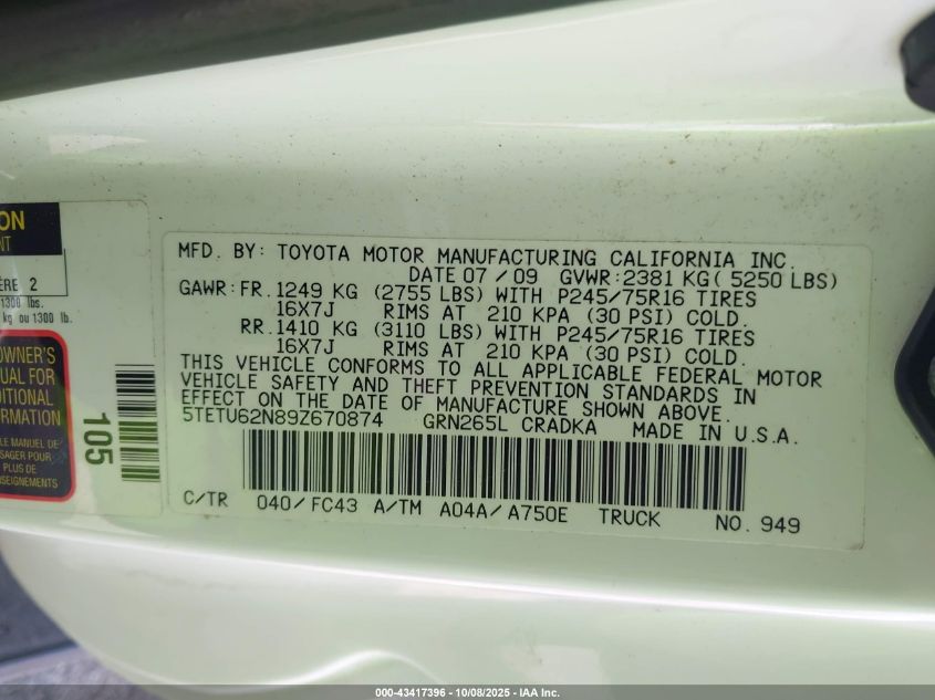 2009 Toyota Tacoma Prerunner V6 VIN: 5TETU62N89Z670874 Lot: 43417396