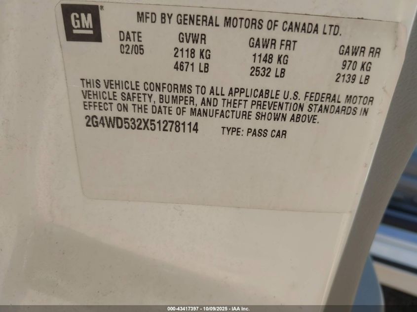 2005 Buick Lacrosse Cxl VIN: 2G4WD532X51278114 Lot: 43417397