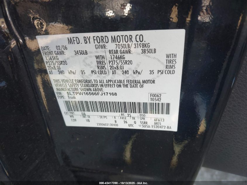 2006 Lincoln Mark Lt VIN: 5LTPW16566FJ17168 Lot: 43417398