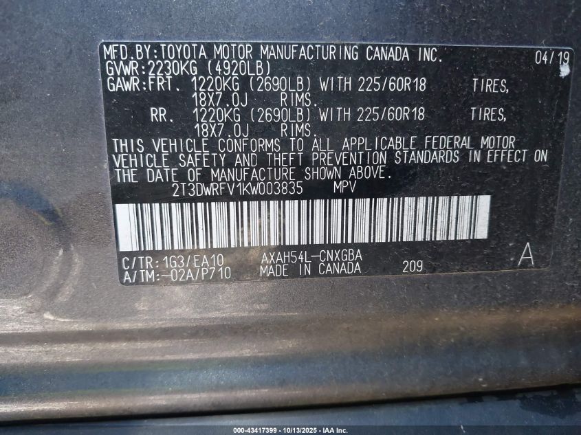 2019 Toyota Rav4 Hybrid Limited VIN: 2T3DWRFV1KW003835 Lot: 43417399