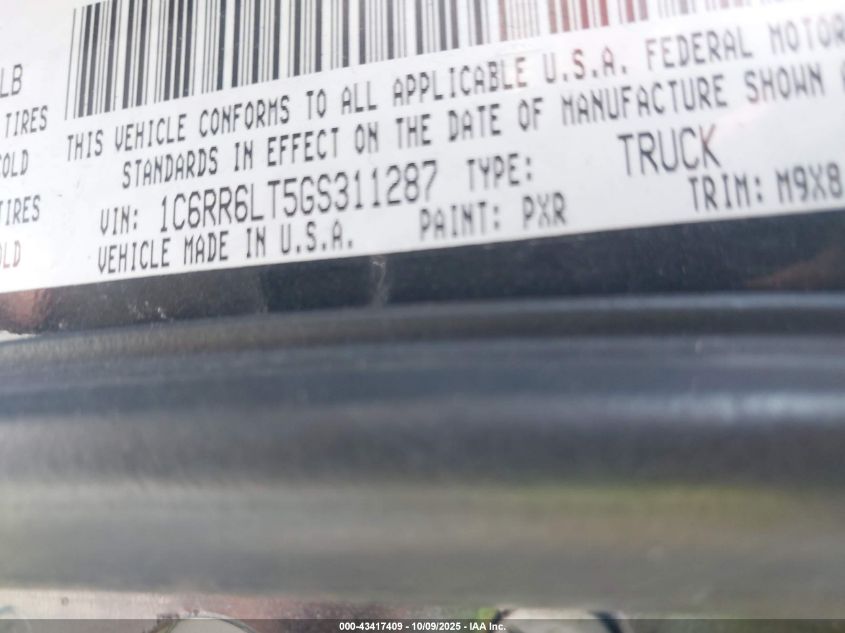 2016 Ram 1500 Lone Star VIN: 1C6RR6LT5GS311287 Lot: 43417409