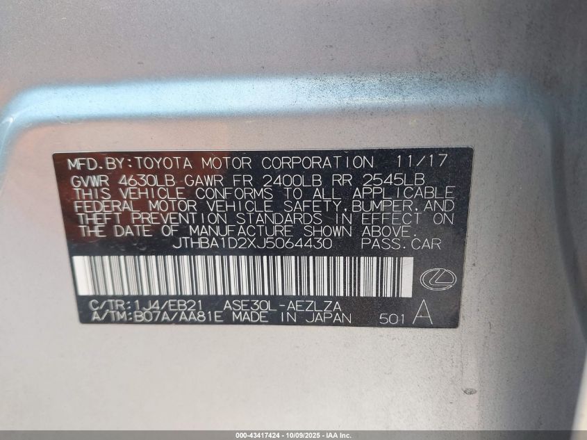 2018 Lexus Is 300 VIN: JTHBA1D2XJ5064430 Lot: 43417424