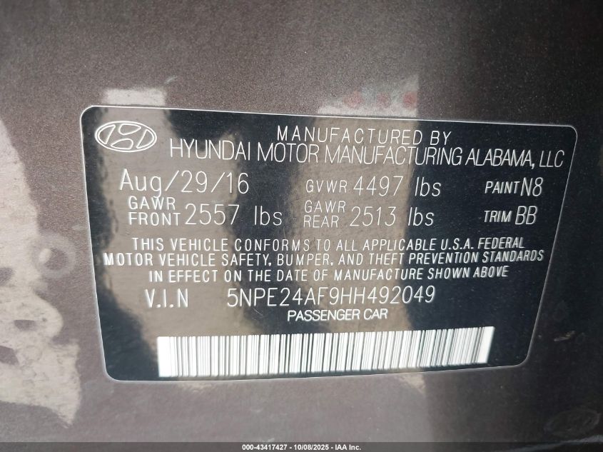 2017 Hyundai Sonata VIN: 5NPE24AF9HH492049 Lot: 43417427