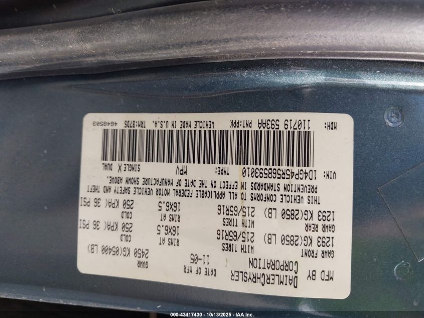 2005 Chrysler Town & Country Lx VIN: 2C4GP44R55R137300 Lot: 43417430