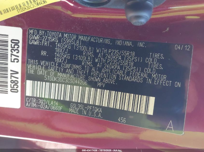 2012 Toyota Sienna Xle/Limited VIN: 5TDDK3DC3CS044206 Lot: 43417436