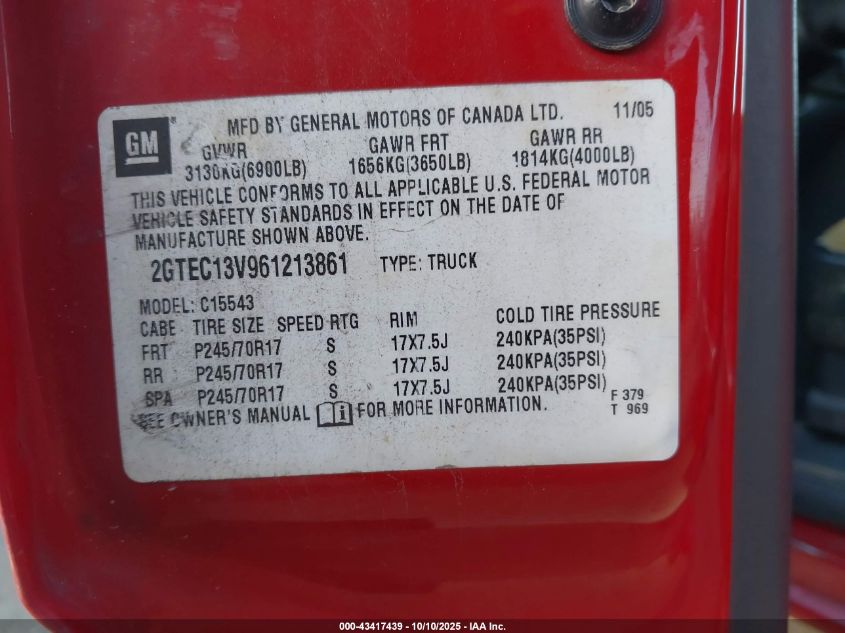 2006 GMC Sierra 1500 Sl VIN: 2GTEC13V961213861 Lot: 43417439