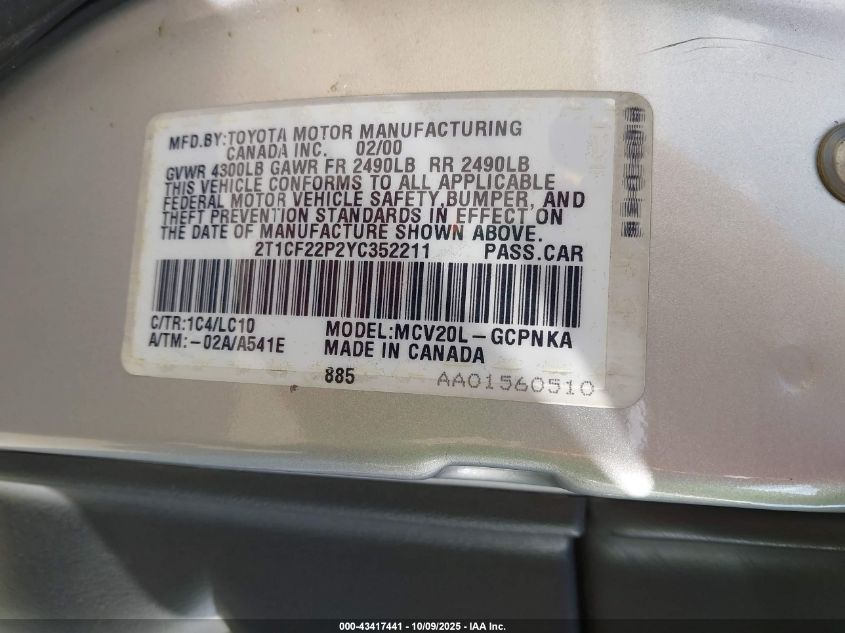 2000 Toyota Camry Solara Sle V6 VIN: 2T1CF22P2YC352211 Lot: 43417441