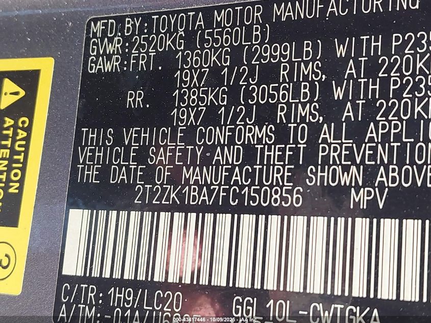 2015 Lexus Rx 350 VIN: 2T2ZK1BA7FC150856 Lot: 43417446