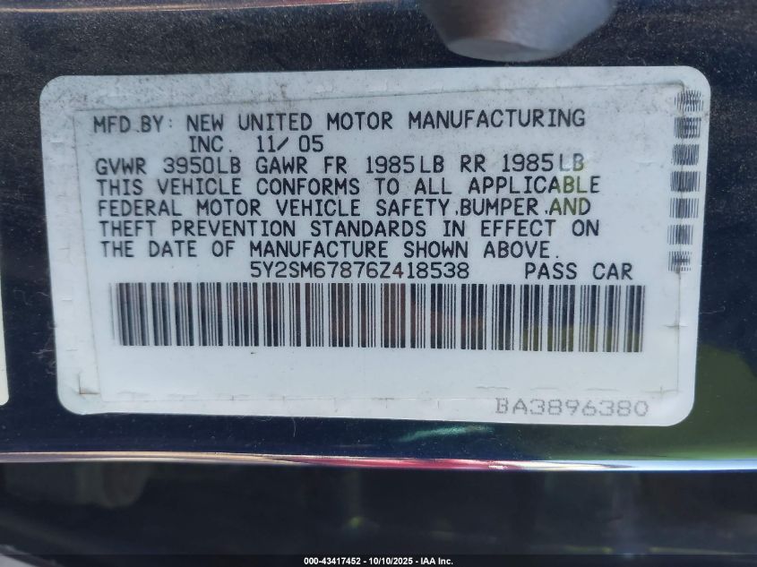 2006 Pontiac Vibe VIN: 5Y2SM67876Z418538 Lot: 43417452