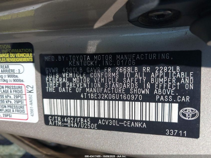 2006 Toyota Camry Le VIN: 4T1BE32K06U160970 Lot: 43417459