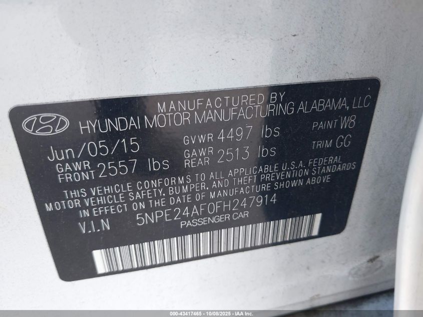 2015 Hyundai Sonata Se VIN: 5NPE24AF0FH247914 Lot: 43417465