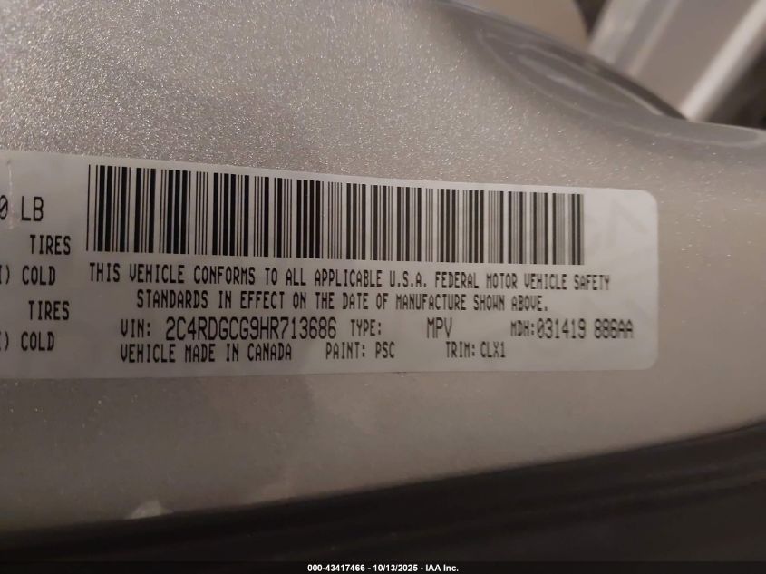 2017 Dodge Grand Caravan Sxt VIN: 2C4RDGCG9HR713686 Lot: 43417466