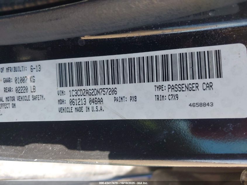 2013 Dodge Avenger Se V6 VIN: 1C3CDZAG2DN757206 Lot: 43417475