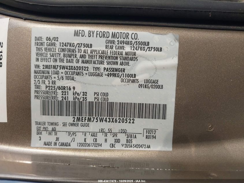 2003 Mercury Grand Marquis Ls VIN: 2MEFM75W43X620522 Lot: 43417478