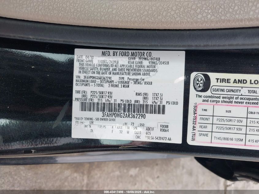 2010 Ford Fusion Se VIN: 3FAHP0HG2AR362290 Lot: 43417498