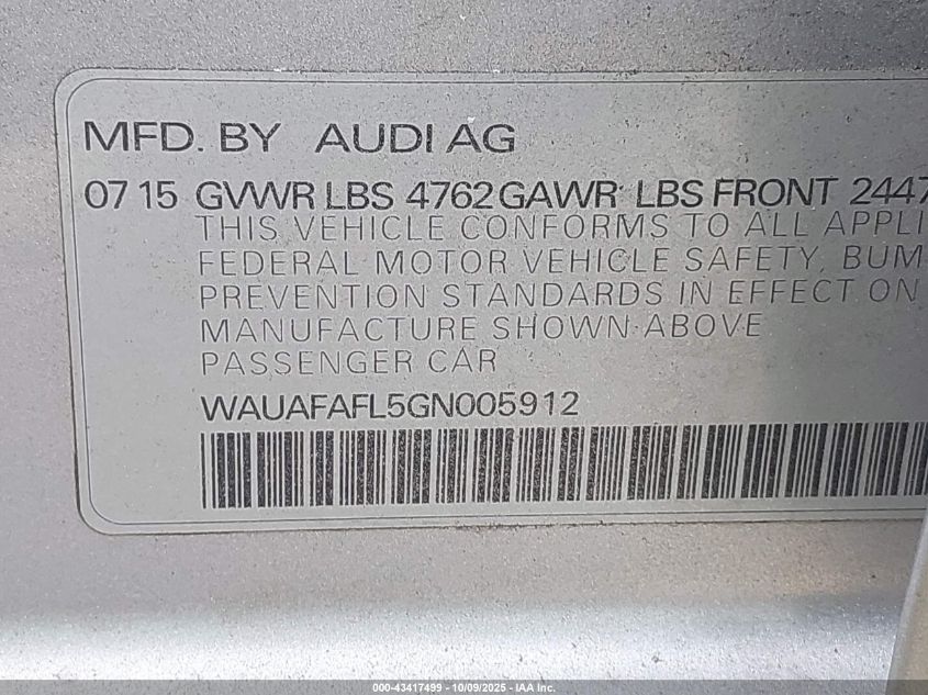 2016 Audi A4 2.0T Premium VIN: WAUAFAFL5GN005912 Lot: 43417499