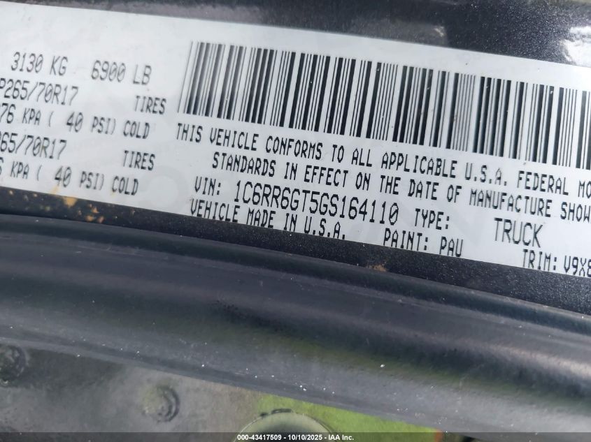 2016 Ram 1500 Slt VIN: 1C6RR6GT5GS164110 Lot: 43417509