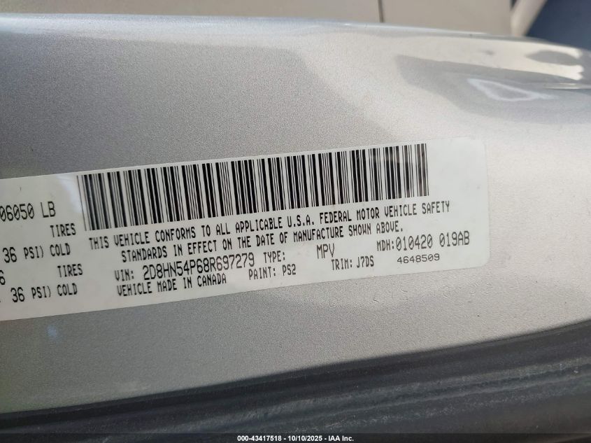 2008 Dodge Grand Caravan Sxt VIN: 2D8HN54P68R697279 Lot: 43417518