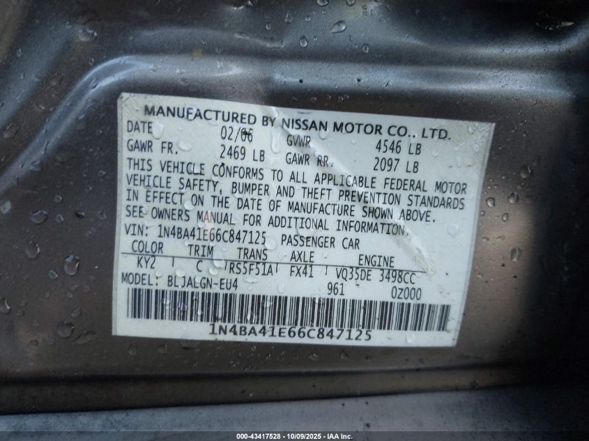 2006 Nissan Maxima Se/Sl VIN: 1N4BA41E66C847125 Lot: 43417528