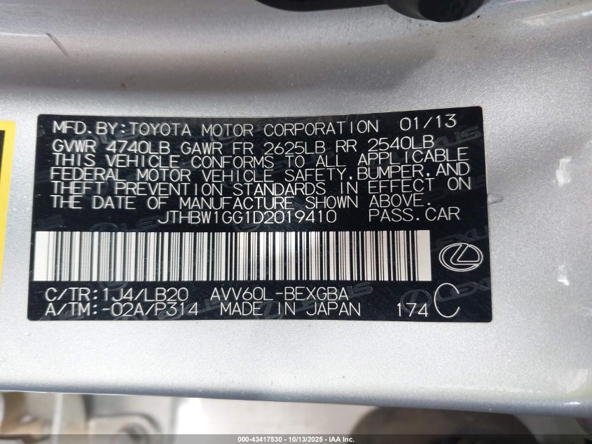 2013 Lexus Es 300H VIN: JTHBW1GG1D2019410 Lot: 43417530