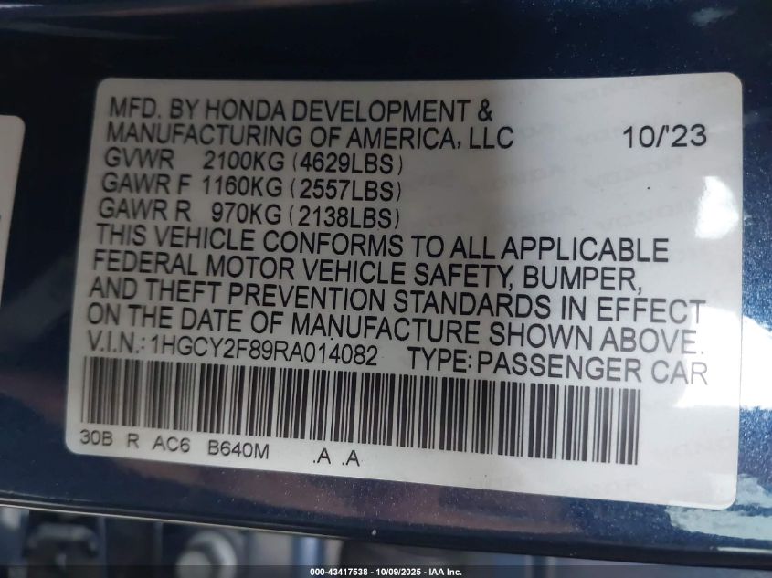2024 Honda Accord Hybrid Touring VIN: 1HGCY2F89RA014082 Lot: 43417538