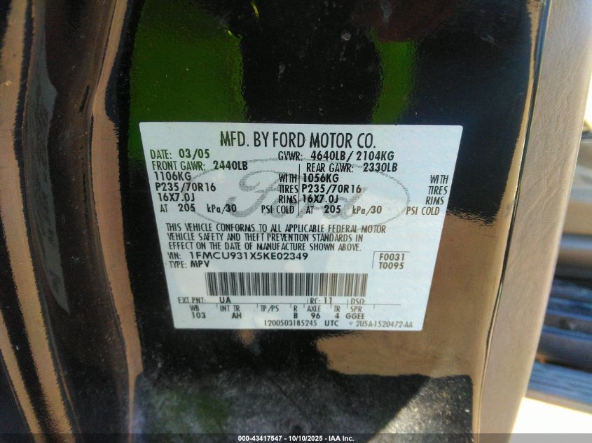 2005 Ford Escape Xlt VIN: 1FMCU931X5KE02349 Lot: 43417547