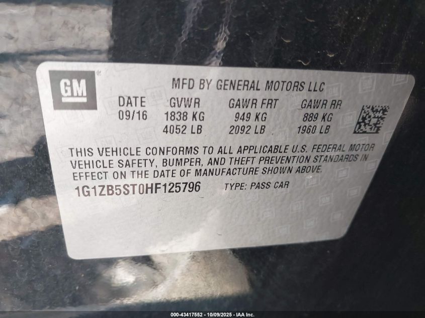 2017 Chevrolet Malibu Ls VIN: 1G1ZB5ST0HF125796 Lot: 43417552