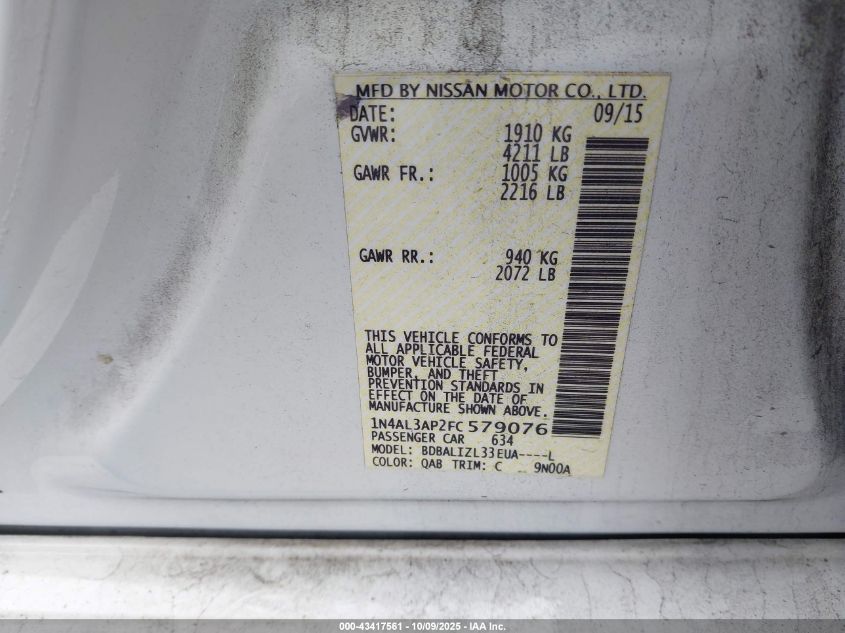 2015 Nissan Altima 2.5 Sv VIN: 1N4AL3AP2FC579076 Lot: 43417561