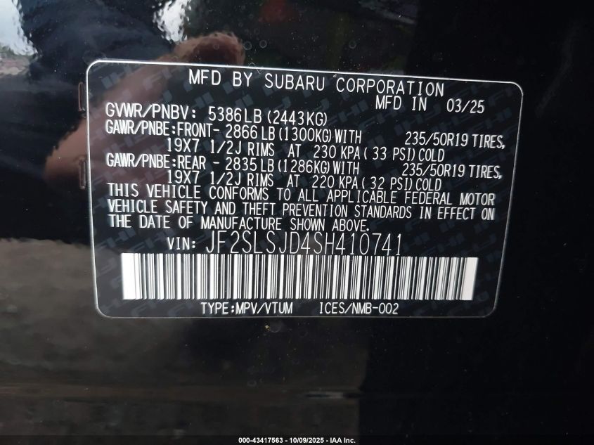 2025 Subaru Forester Hybrid Sport VIN: JF2SLSJD4SH410741 Lot: 43417563
