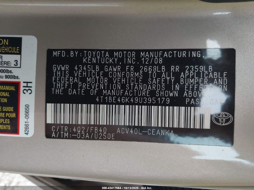 2009 Toyota Camry Le VIN: 4T1BE46K49U395179 Lot: 43417564