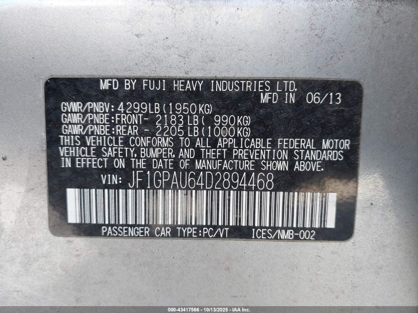 2013 Subaru Impreza 2.0I Sport Limited VIN: JF1GPAU64D2894468 Lot: 43417566