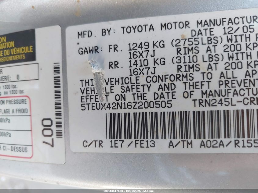 2006 Toyota Tacoma VIN: 5TEUX42N16Z200505 Lot: 43417570