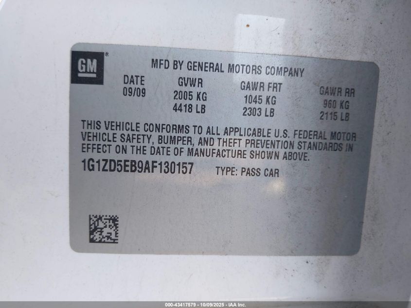 2010 Chevrolet Malibu Lt VIN: 1G1ZD5EB9AF130157 Lot: 43417579