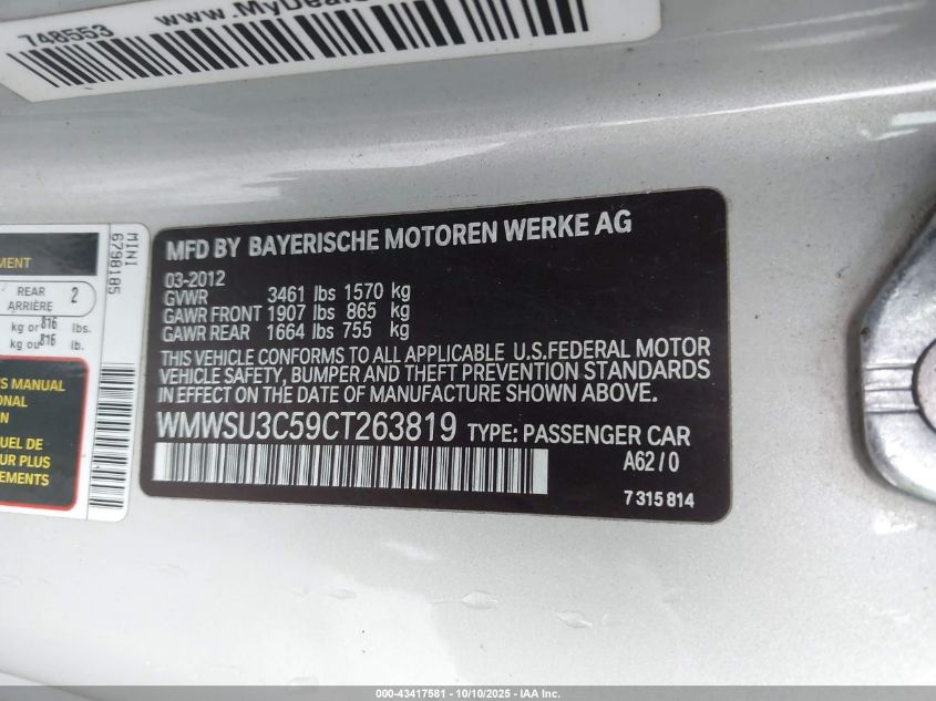 2012 Mini Cooper VIN: WMWSU3C59CT263819 Lot: 43417581