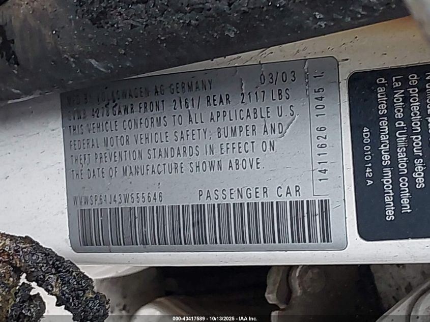 2003 Volkswagen Jetta Gls Tdi VIN: WVWSP61J43W555646 Lot: 43417589