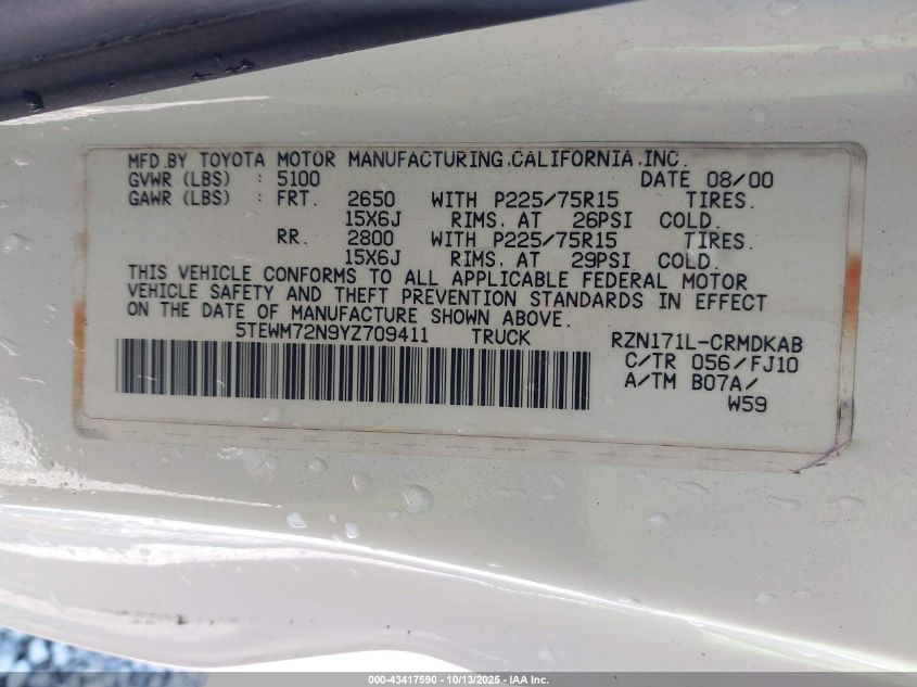 2000 Toyota Tacoma VIN: 5TEWM72N9YZ709411 Lot: 43417590