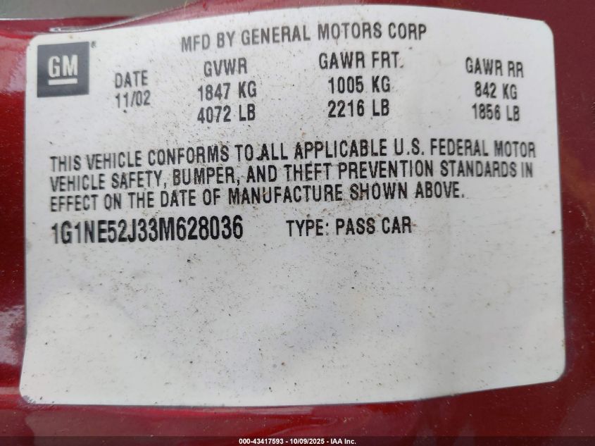 2003 Chevrolet Malibu Ls VIN: 1G1NE52J33M628036 Lot: 43417593