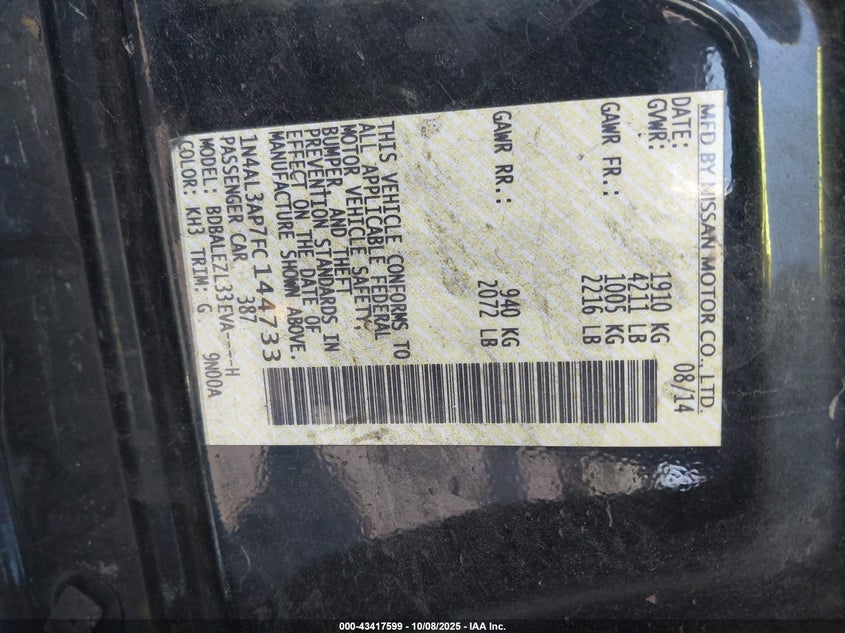 2015 NISSAN ALTIMA 2.5 S 1N4AL3AP7FC144733