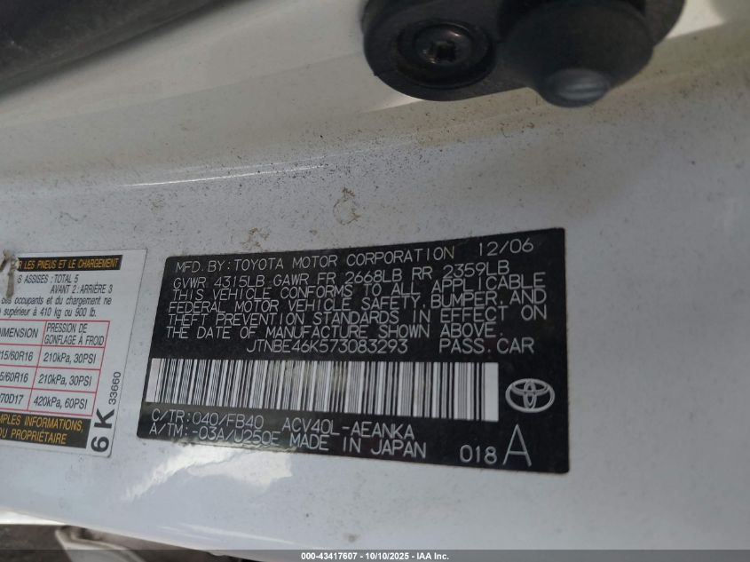 2007 Toyota Camry Le VIN: JTNBE46K573083293 Lot: 43417607