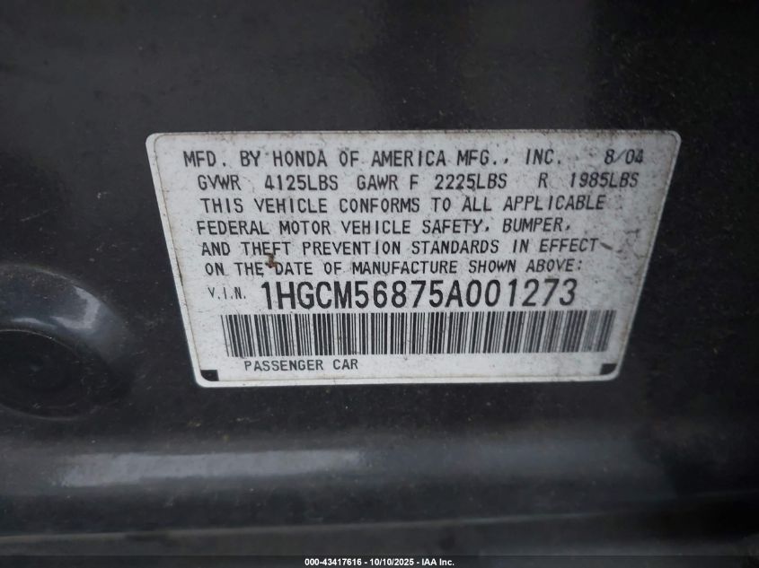 2005 Honda Accord 2.4 Ex VIN: 1HGCM56875A001273 Lot: 43417616