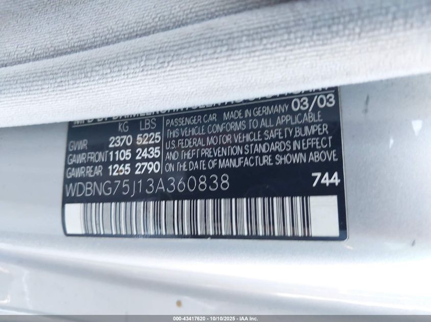 2003 Mercedes-Benz S 500 VIN: WDBNG75J13A360838 Lot: 43417620