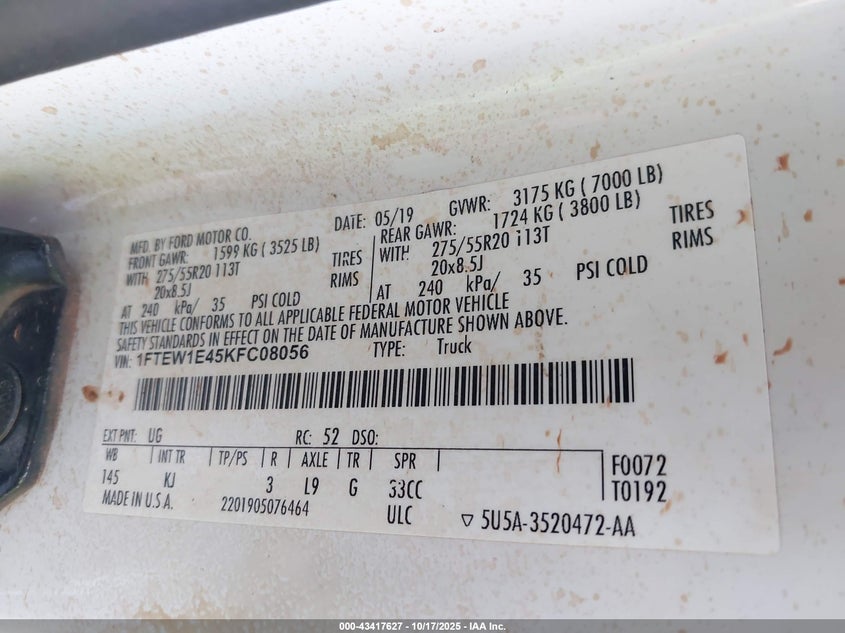 2019 FORD F-150 KING RANCH 1FTEW1E45KFC08056