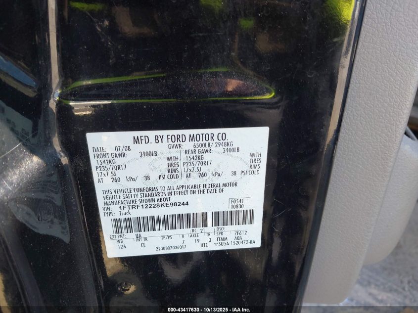 2008 Ford F-150 Stx/Xl/Xlt VIN: 1FTRF12228KE98244 Lot: 43417630