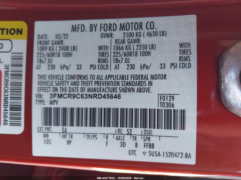 2022 Ford Bronco Sport Outer Banks VIN: 3FMCR9C63NRD45646 Lot: 43417632