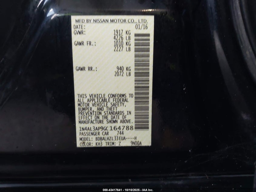 2016 NISSAN ALTIMA 2.5 SR 1N4AL3AP9GC164788