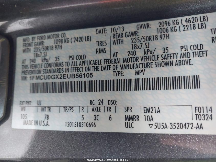 2014 Ford Escape Se VIN: 1FMCU0GX2EUB56105 Lot: 43417643