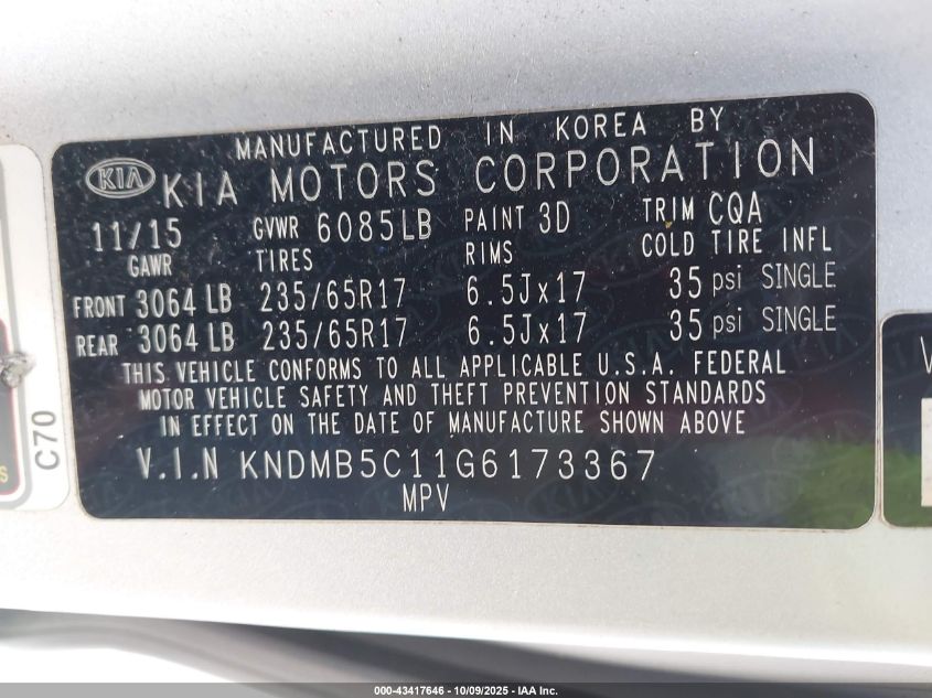 2016 Kia Sedona Lx VIN: KNDMB5C11G6173367 Lot: 43417646