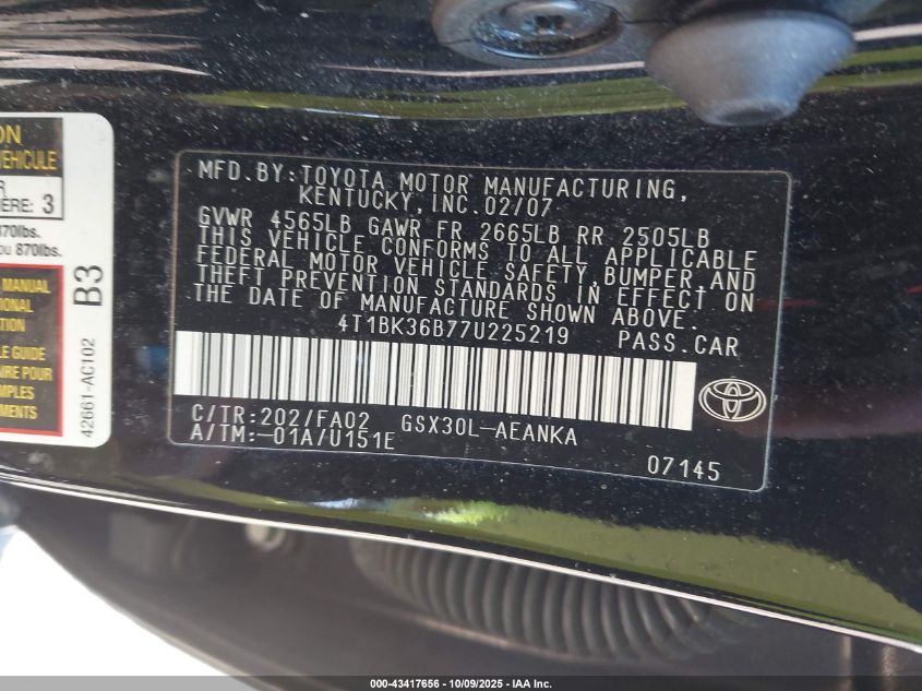 2007 Toyota Avalon Xl VIN: 4T1BK36B77U225219 Lot: 43417656